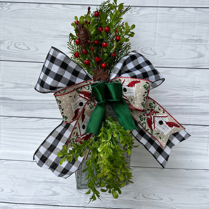 Christmas Bird House Decor, Cardinal Lantern Swag, Winter Wreath Attachment, Holiday Front Door Buffalo Plaid Decor, Christmas gift bow