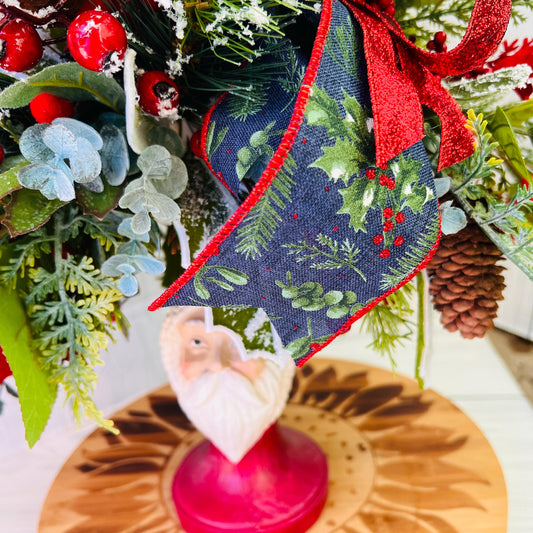 Traditional Santa Christmas Centerpiece on Wooden Candlestick with Frosted Pine, Berries, Red Roses, Navy Winter Bow, Holiday Table Decor