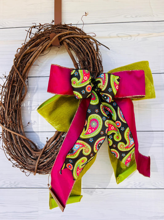 Lime Green Fuchsia Pink Blue Orange Paisley on Black Wreath Bow Paisley lantern swag Bow for wreath Door Hanger Bow Spring Bow Summer Bow
