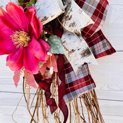 Pink Magnolia Front Door Swag – Burgundy Birch Farmhouse Glam Wreath 🌸