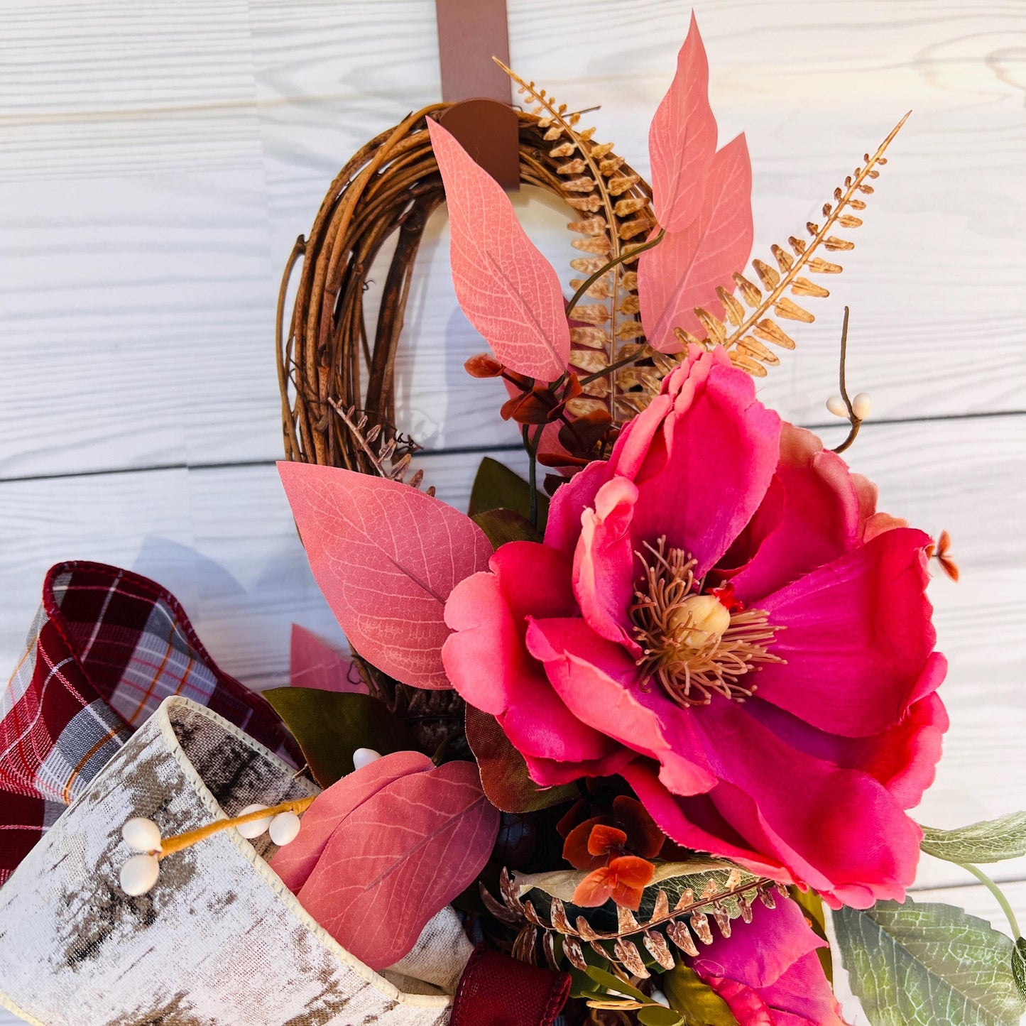Pink Magnolia Front Door Swag – Burgundy Birch Farmhouse Glam Wreath 🌸