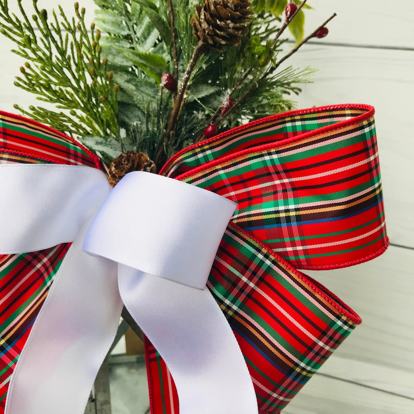 Traditional Christmas lantern swag, Rustic Winter lantern swag, Farmhouse front door decor, Mailbox decor, Holiday Pine Wreath bow, Gift bow