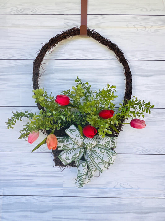 Real touch tulip Spring Wreath,  door hanger, grapevine basket, home decor, door decor, Everyday greenery wreath, Gift for mom, May Day,