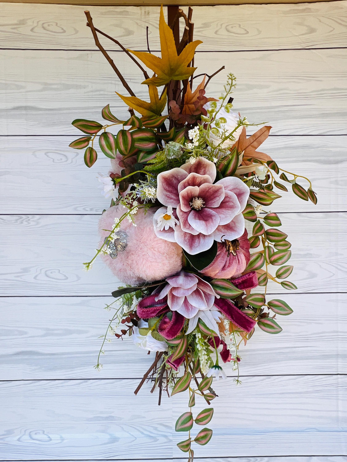 Pink Pumpkin Magnolia Grapevine Swag – Cottagecore Velvet Pumpkin Fall Wreath 🌸
