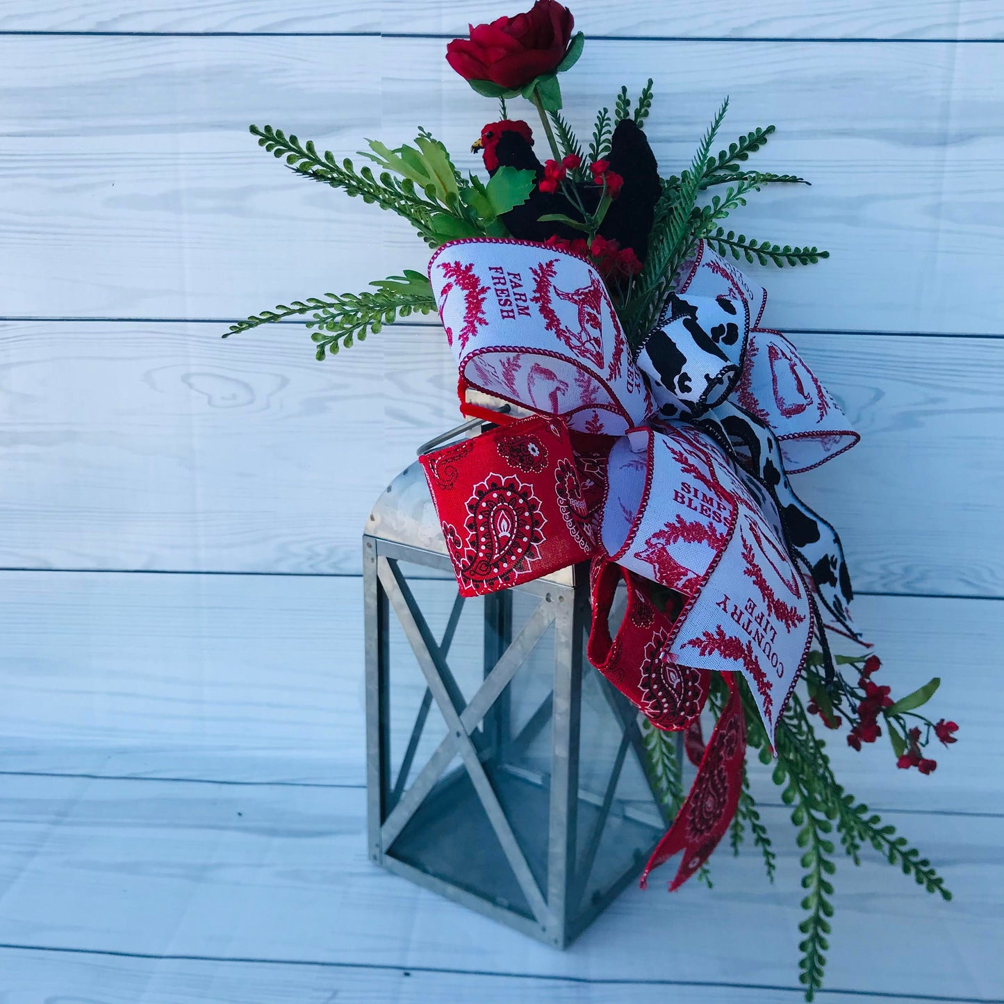 Modern Farmhouse Lantern Swag, Cow Chicken Pig Decorative Bow, Red Bandanna Decorative Birdcage Attachment,  Country Farm Felt Chicken Swag