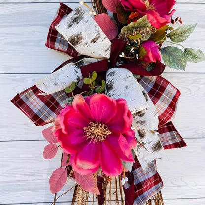 Pink Magnolia Front Door Swag – Burgundy Birch Farmhouse Glam Wreath 🌸