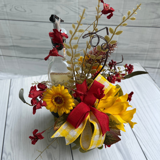 Sunflower bottle bouquet, Gift for wine lover, wine bottle decoration, candle decor, hostess gift, candle ring, tumbler gift, secret Santa