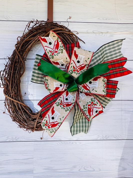 Christmas cardinal wreath bow, Traditional plaid Holiday bow, Lantern bow, Front door wreath bow, Mailbox bow, Christmas Package Bow