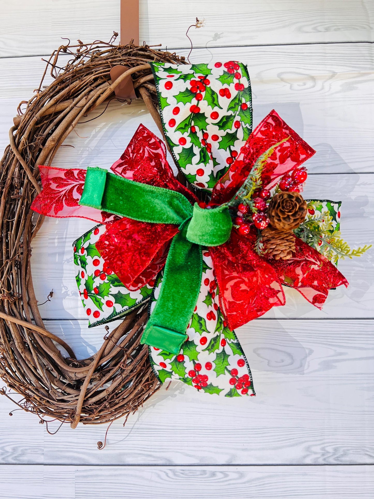 Red holly berry bow Christmas wreath bow Lantern bow Holly bow Hand made Christmas bow Holiday holly decor Christmas door hanger Traditional