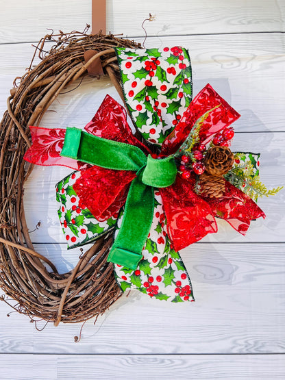 Red holly berry bow Christmas wreath bow Lantern bow Holly bow Hand made Christmas bow Holiday holly decor Christmas door hanger Traditional