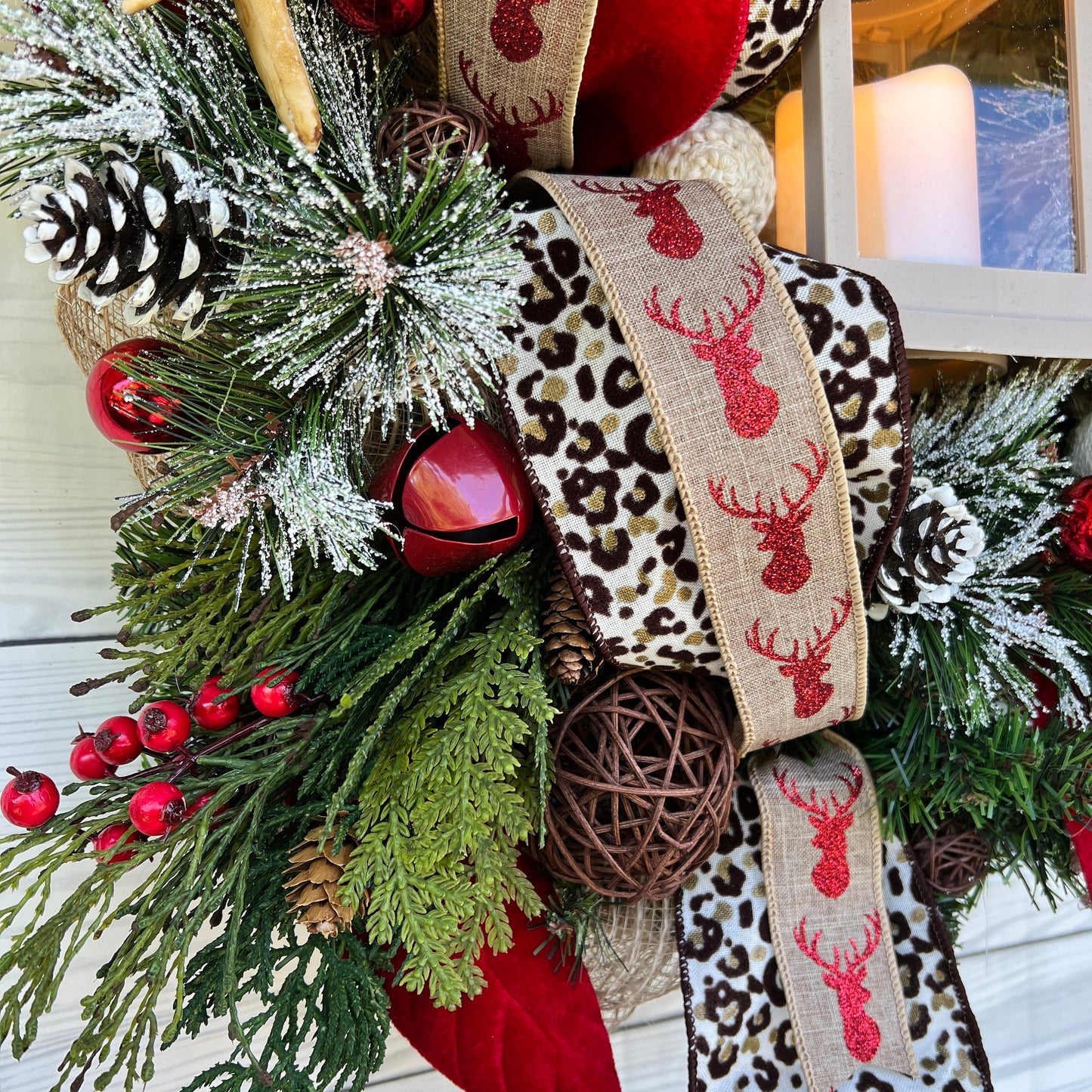 Christmas deer wreath with lantern, Antler Leopard room decor, jingle bell wreath for your front door, Pine lantern swag, gift for her