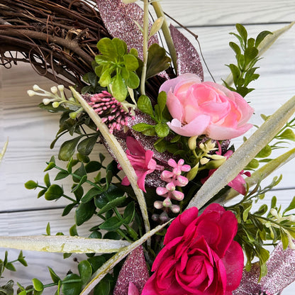 Ranunculus Breast Cancer Awareness Wreath for Front Door, All Season cabbage roses, Floral Grapevine for Woman Fighter, Survivor, Warrior