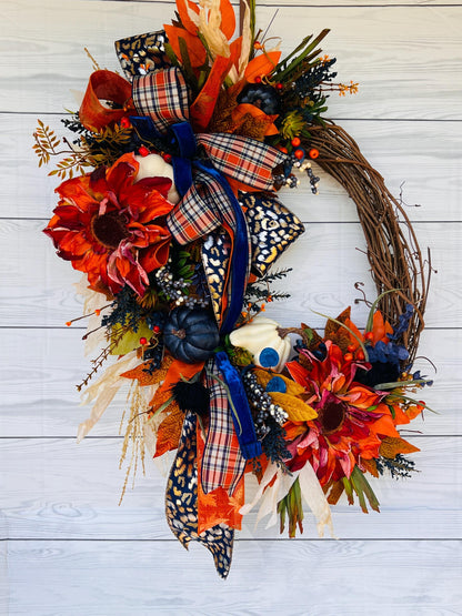 Rustic Pumpkin Sunflower Wreath – Farmhouse Fall Grapevine Door Hanger 🍁