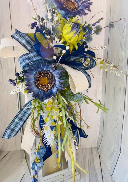 Blue everyday sunflower Lantern Swag, floral Door Hanger, fireplace mantel decor, Farmhouse Porch decor, Rustic glam  Wreath, table decor