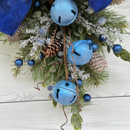 Blue Sleigh Bells Winter Swag, Christmas classroom door decor, jingle bell wreath, Farmhouse Door decor, Front door Holiday Pine Teardrop