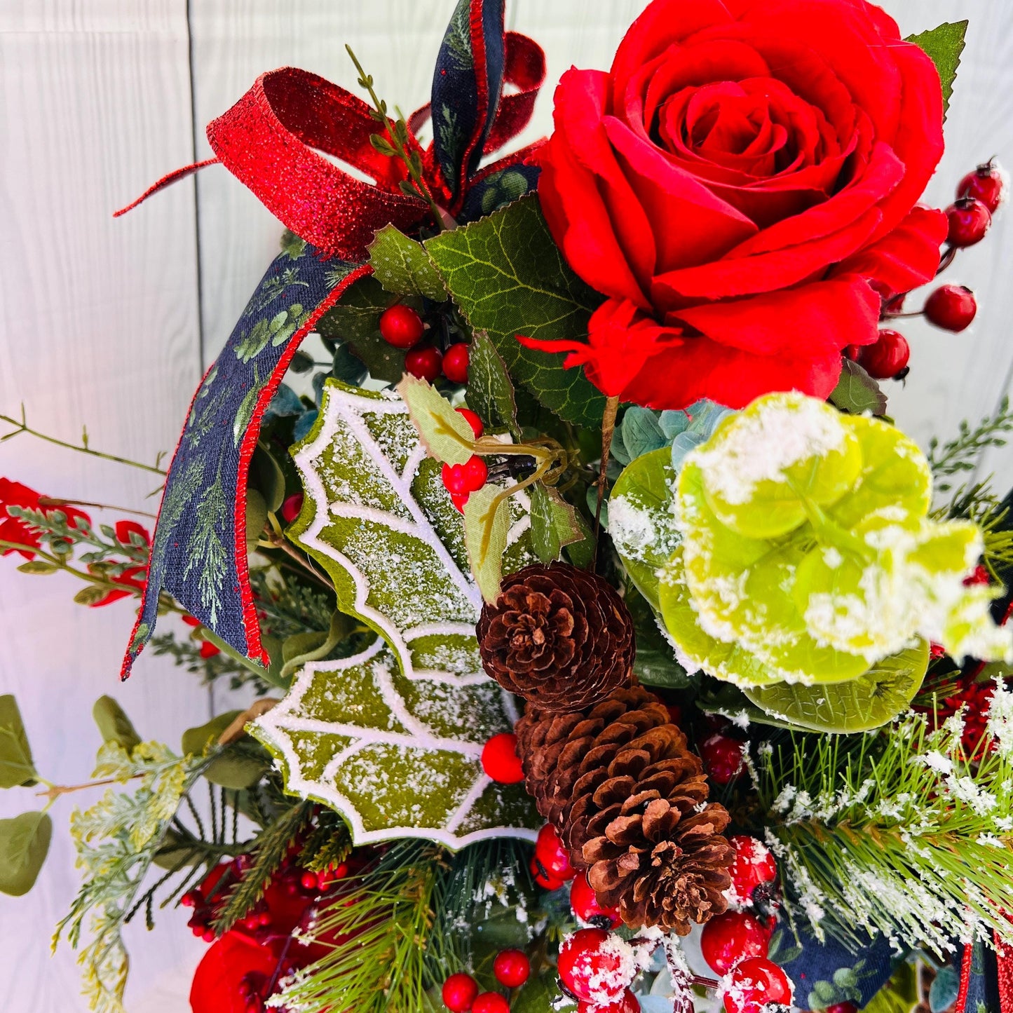 Traditional Santa Christmas Centerpiece on Wooden Candlestick with Frosted Pine, Berries, Red Roses, Navy Winter Bow, Holiday Table Decor