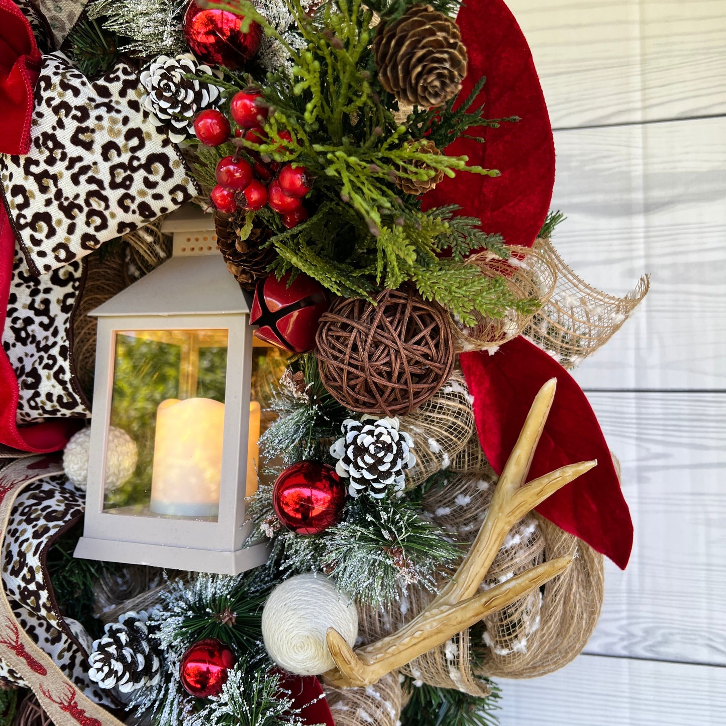 Christmas deer wreath with lantern, Antler Leopard room decor, jingle bell wreath for your front door, Pine lantern swag, gift for her