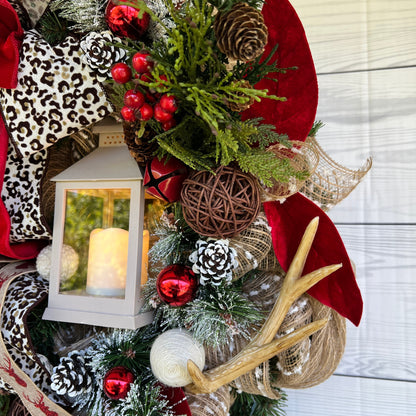 Christmas deer wreath with lantern, Antler Leopard room decor, jingle bell wreath for your front door, Pine lantern swag, gift for her