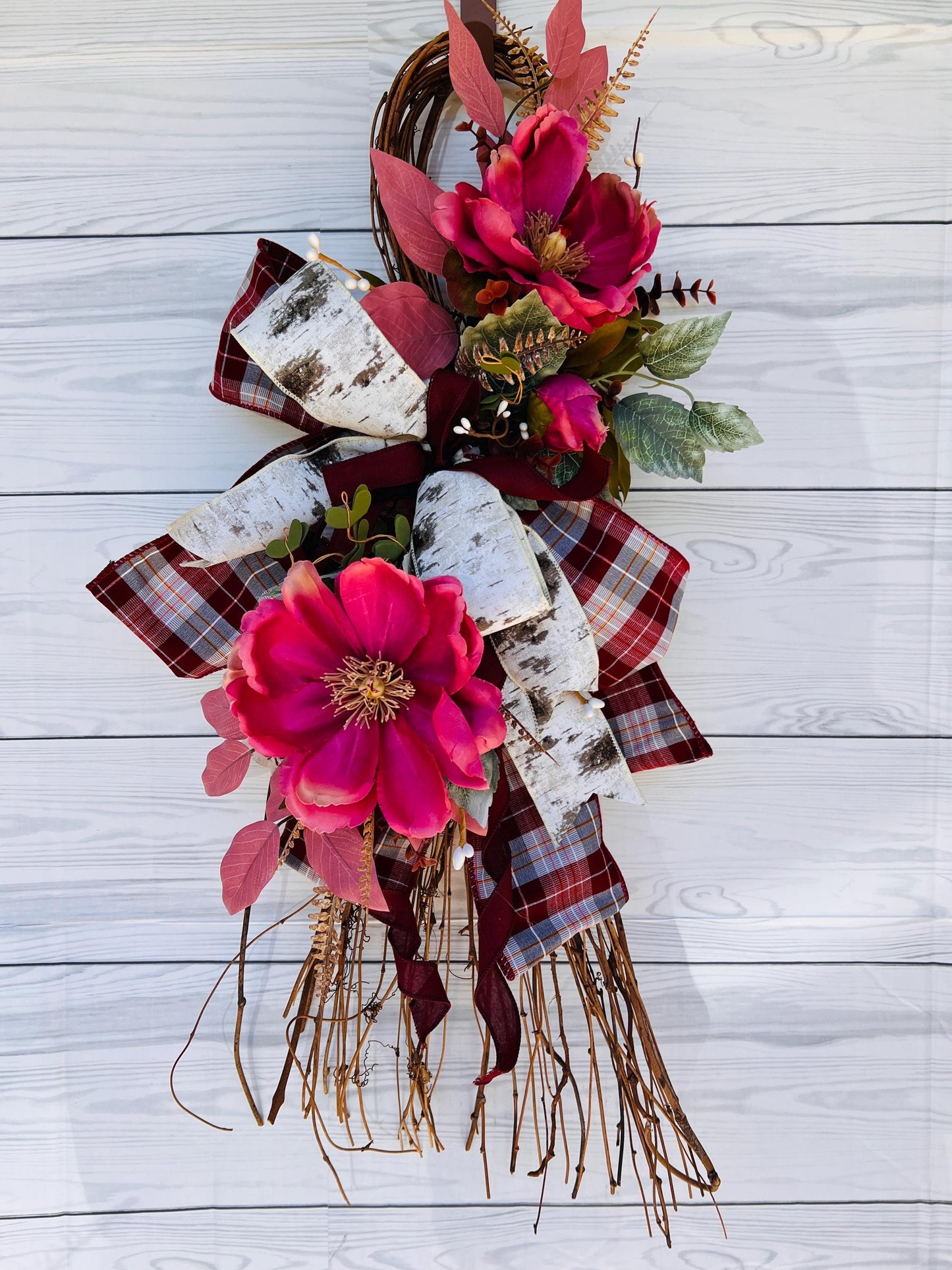 Pink Magnolia Front Door Swag – Burgundy Birch Farmhouse Glam Wreath 🌸
