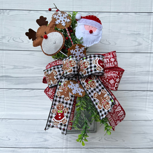 Rudolph reindeer lantern swag, Santa lantern swag, Gingerbread wreath attachment, Winter Gingerbread decor, Christmas Door hanger bow