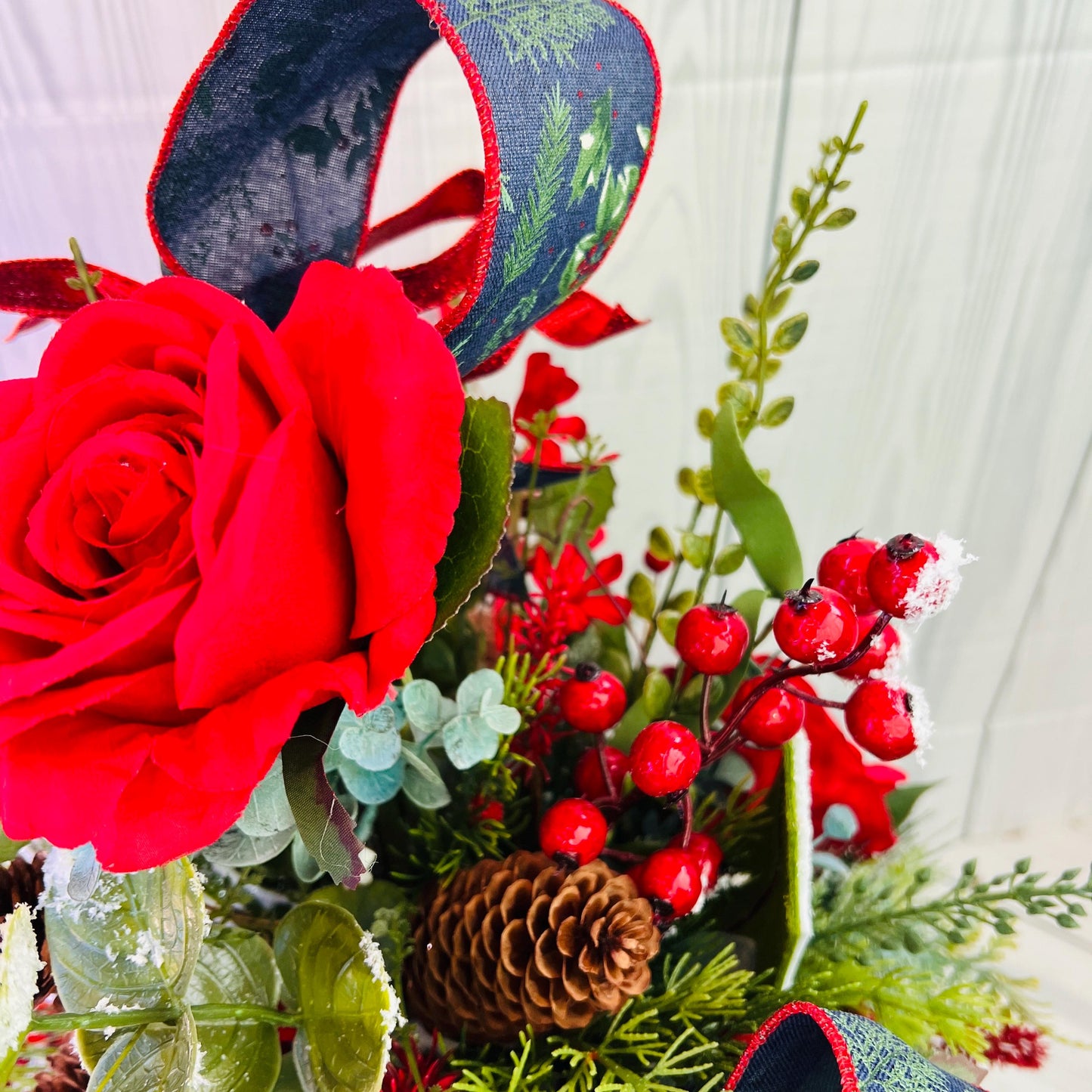 Traditional Santa Christmas Centerpiece on Wooden Candlestick with Frosted Pine, Berries, Red Roses, Navy Winter Bow, Holiday Table Decor