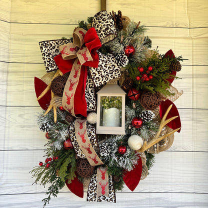 Christmas deer wreath with lantern, Antler Leopard room decor, jingle bell wreath for your front door, Pine lantern swag, gift for her