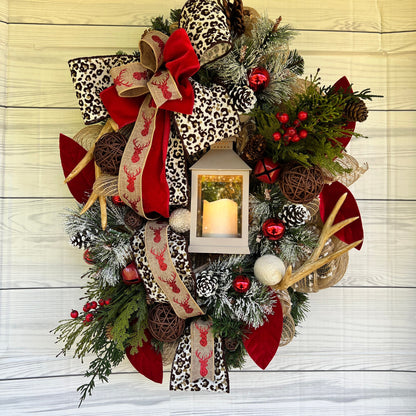 Christmas deer wreath with lantern, Antler Leopard room decor, jingle bell wreath for your front door, Pine lantern swag, gift for her