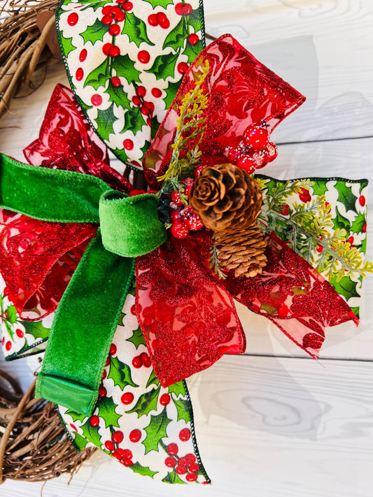 Red holly berry bow Christmas wreath bow Lantern bow Holly bow Hand made Christmas bow Holiday holly decor Christmas door hanger Traditional