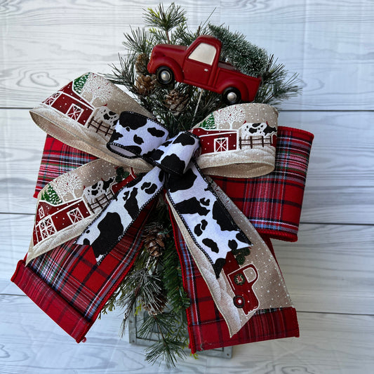 Winter Christmas Red Truck Lantern Swag, Red winter Farmhouse Truck wreath attachment, Vintage Winter Truck decor, Cow print winter decor