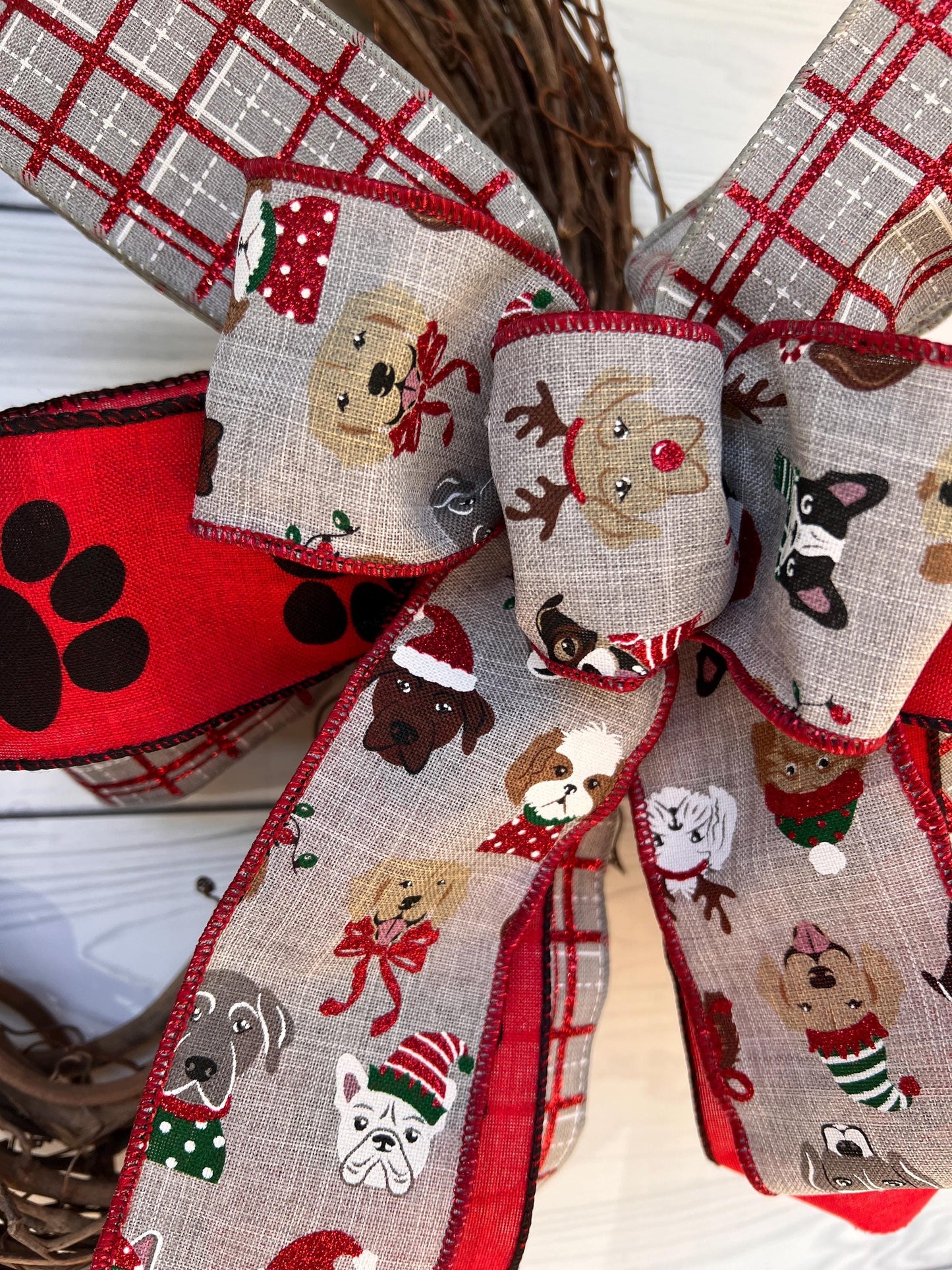 Bow with dogs Christmas bow Wreath bow Lantern bow Red bow Bow with fur babies Red and Gray Bow Glitter Bow Christmas dog decorations decor