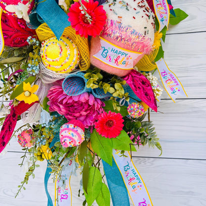 Happy Birthday front door wreath, celebration, Party Gift, Candy Cake Swag, Cupcake Decor, Porch,  Floral door hanger, Everyday wreath