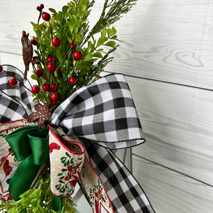 Christmas Bird House Decor, Cardinal Lantern Swag, Winter Wreath Attachment, Holiday Front Door Buffalo Plaid Decor, Christmas gift bow
