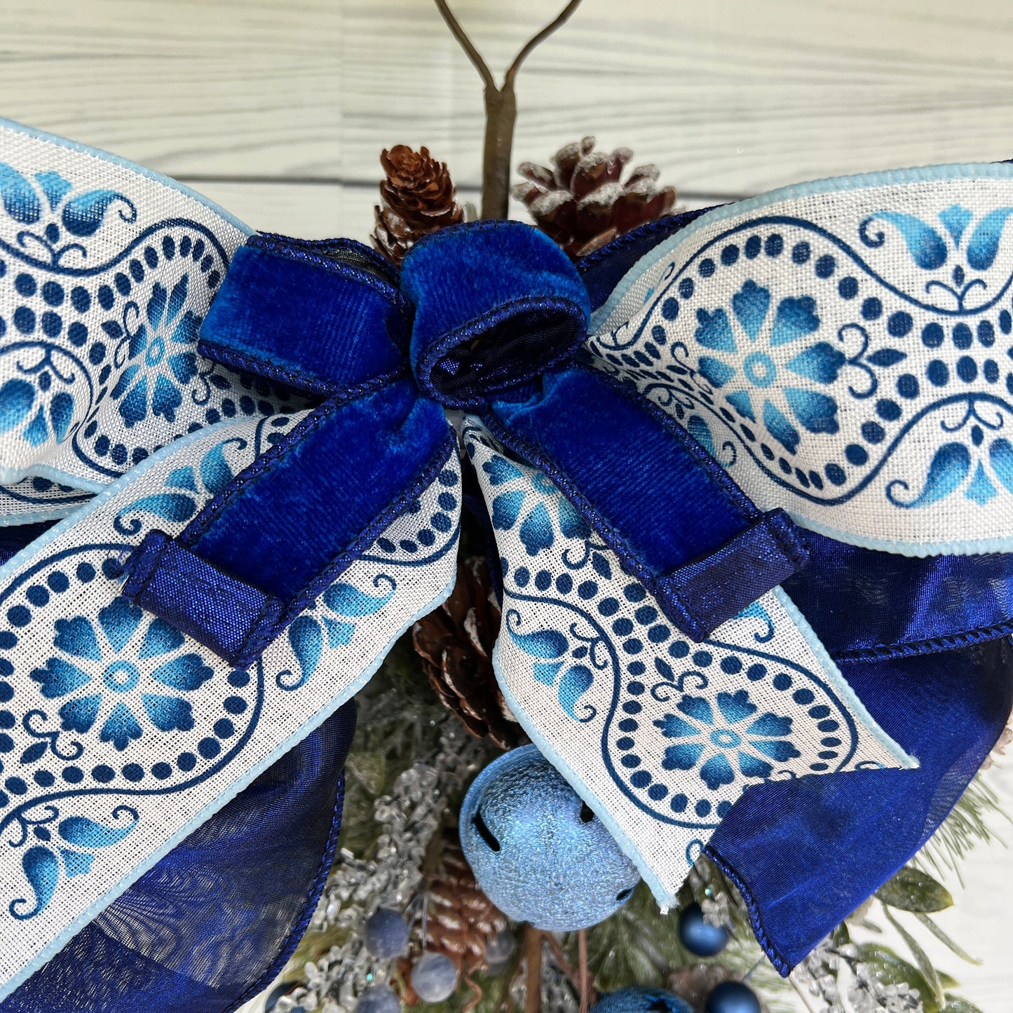 Blue Sleigh Bells Winter Swag, Christmas classroom door decor, jingle bell wreath, Farmhouse Door decor, Front door Holiday Pine Teardrop