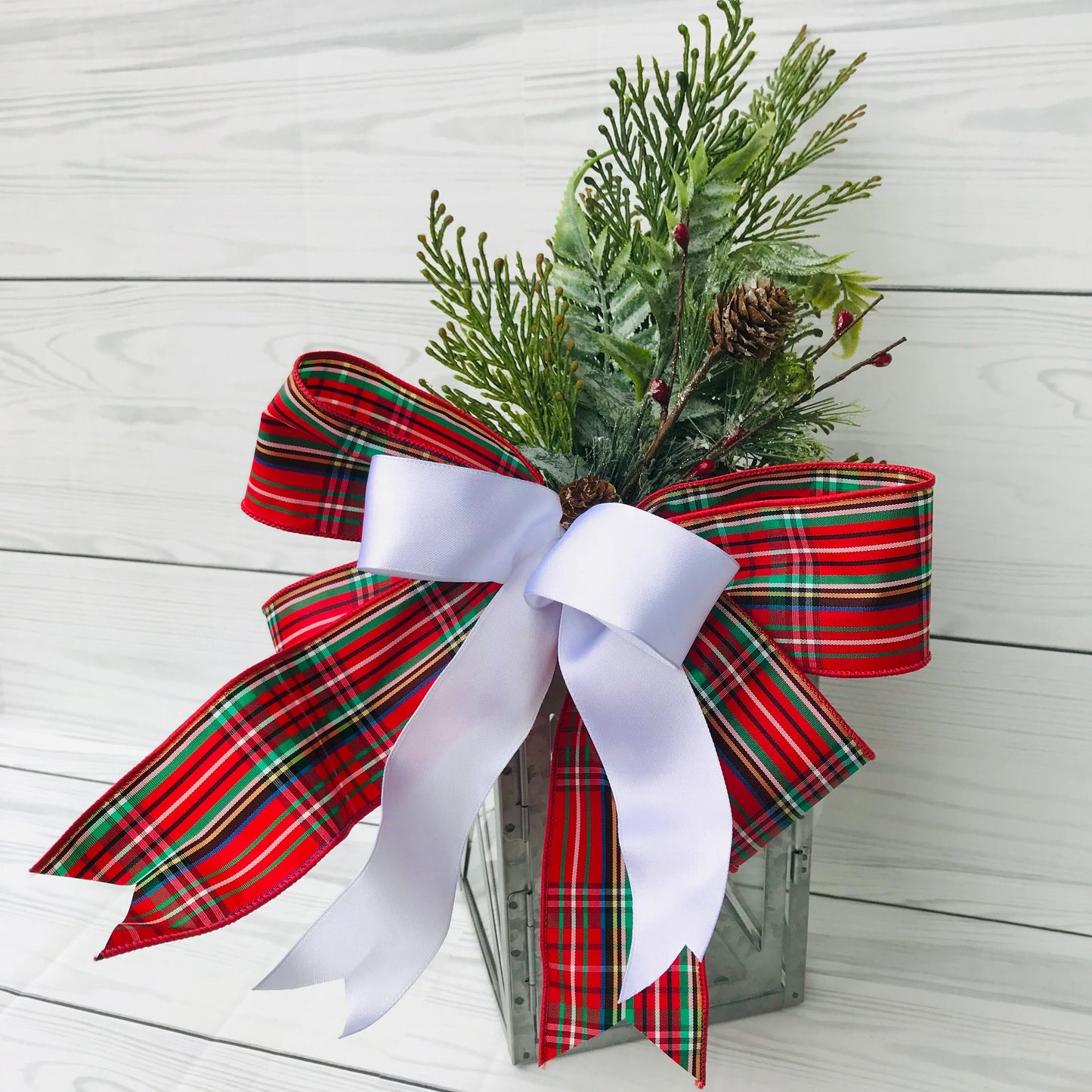 Traditional Christmas lantern swag, Rustic Winter lantern swag, Farmhouse front door decor, Mailbox decor, Holiday Pine Wreath bow, Gift bow
