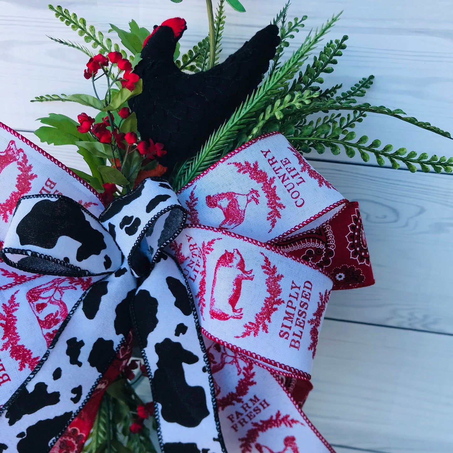 Modern Farmhouse Lantern Swag, Cow Chicken Pig Decorative Bow, Red Bandanna Decorative Birdcage Attachment,  Country Farm Felt Chicken Swag