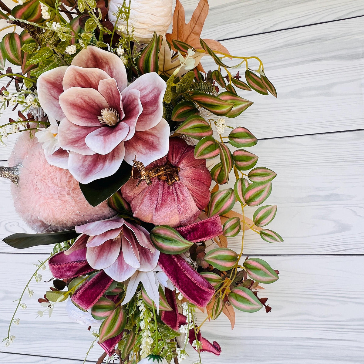 Pink Pumpkin Magnolia Grapevine Swag – Cottagecore Velvet Pumpkin Fall Wreath 🌸