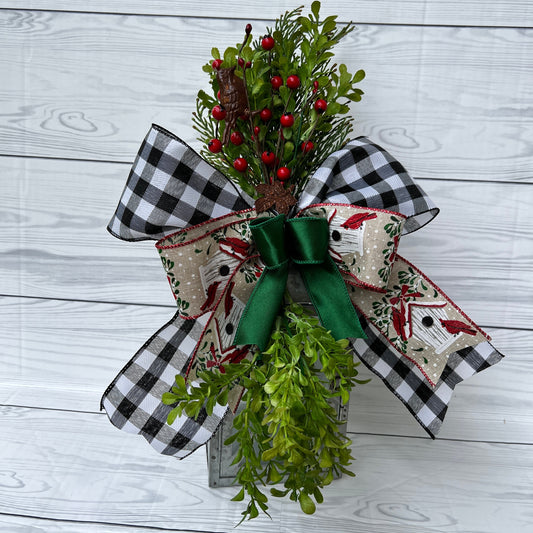 Christmas Bird House Decor, Cardinal Lantern Swag, Winter Wreath Attachment, Holiday Front Door Buffalo Plaid Decor, Christmas gift bow