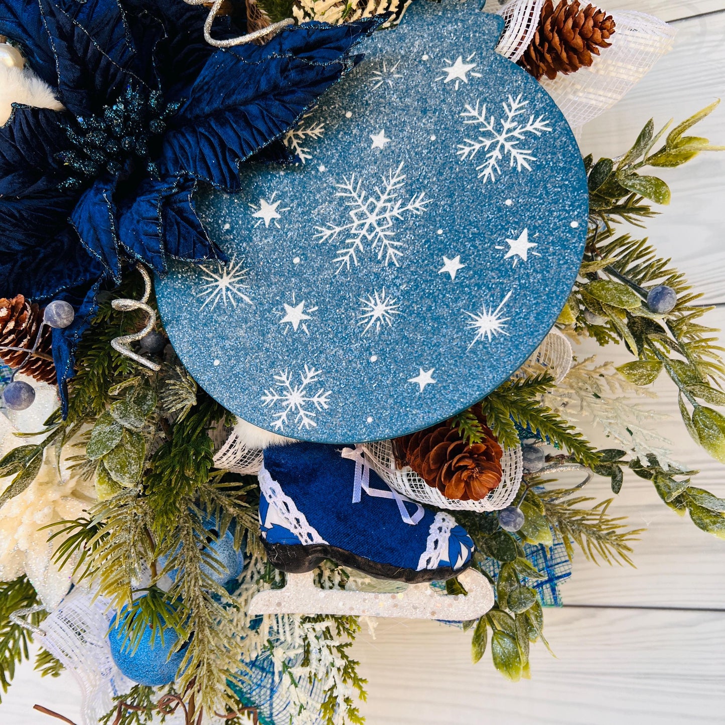 Blue bell winter front door wreath, Christmas ornament decoration, holiday porch swag, pinecone, poinsettia, ice skate, jingle sleigh bells