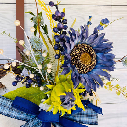 Blue everyday sunflower Lantern Swag, floral Door Hanger, fireplace mantel decor, Farmhouse Porch decor, Rustic glam  Wreath, table decor