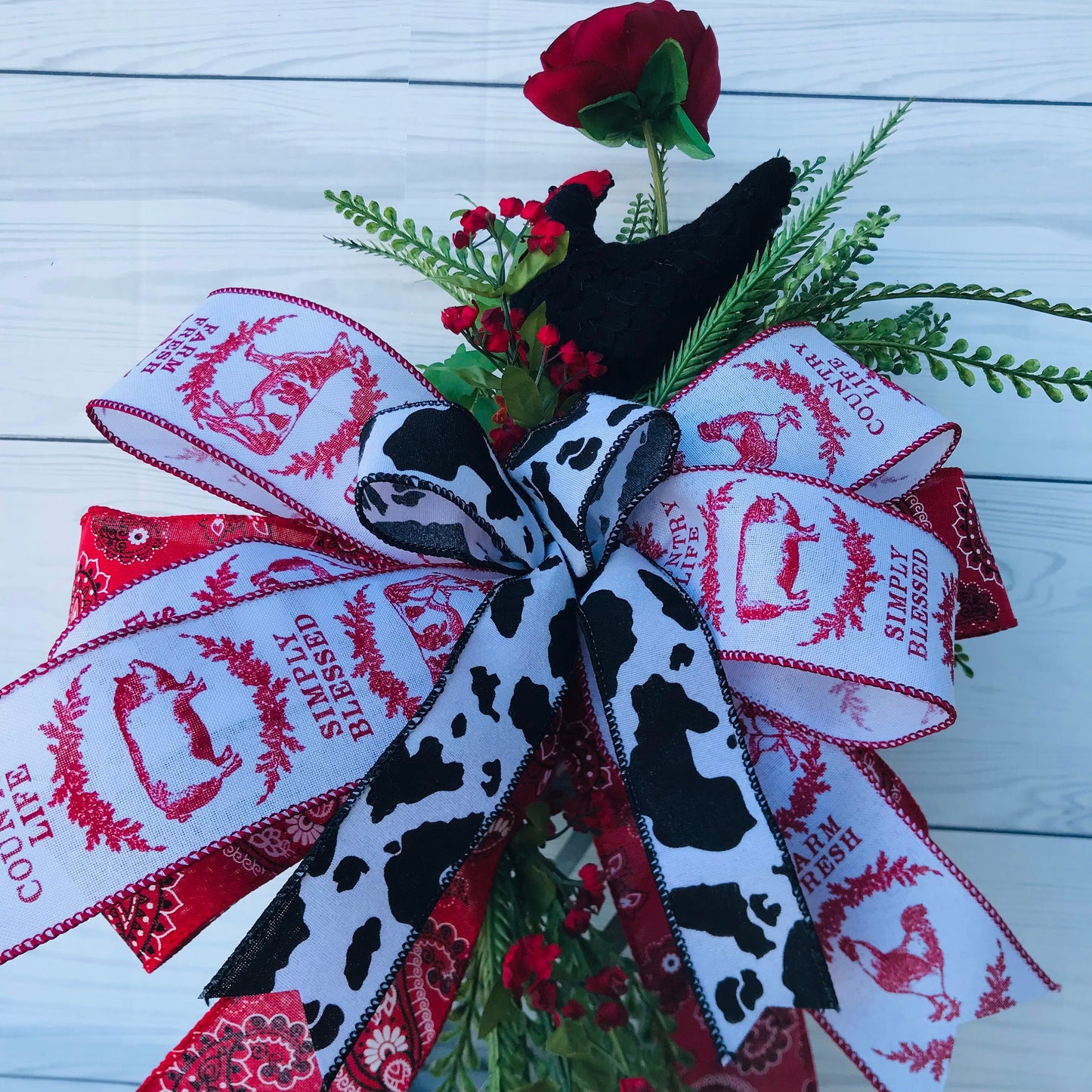 Modern Farmhouse Lantern Swag, Cow Chicken Pig Decorative Bow, Red Bandanna Decorative Birdcage Attachment,  Country Farm Felt Chicken Swag