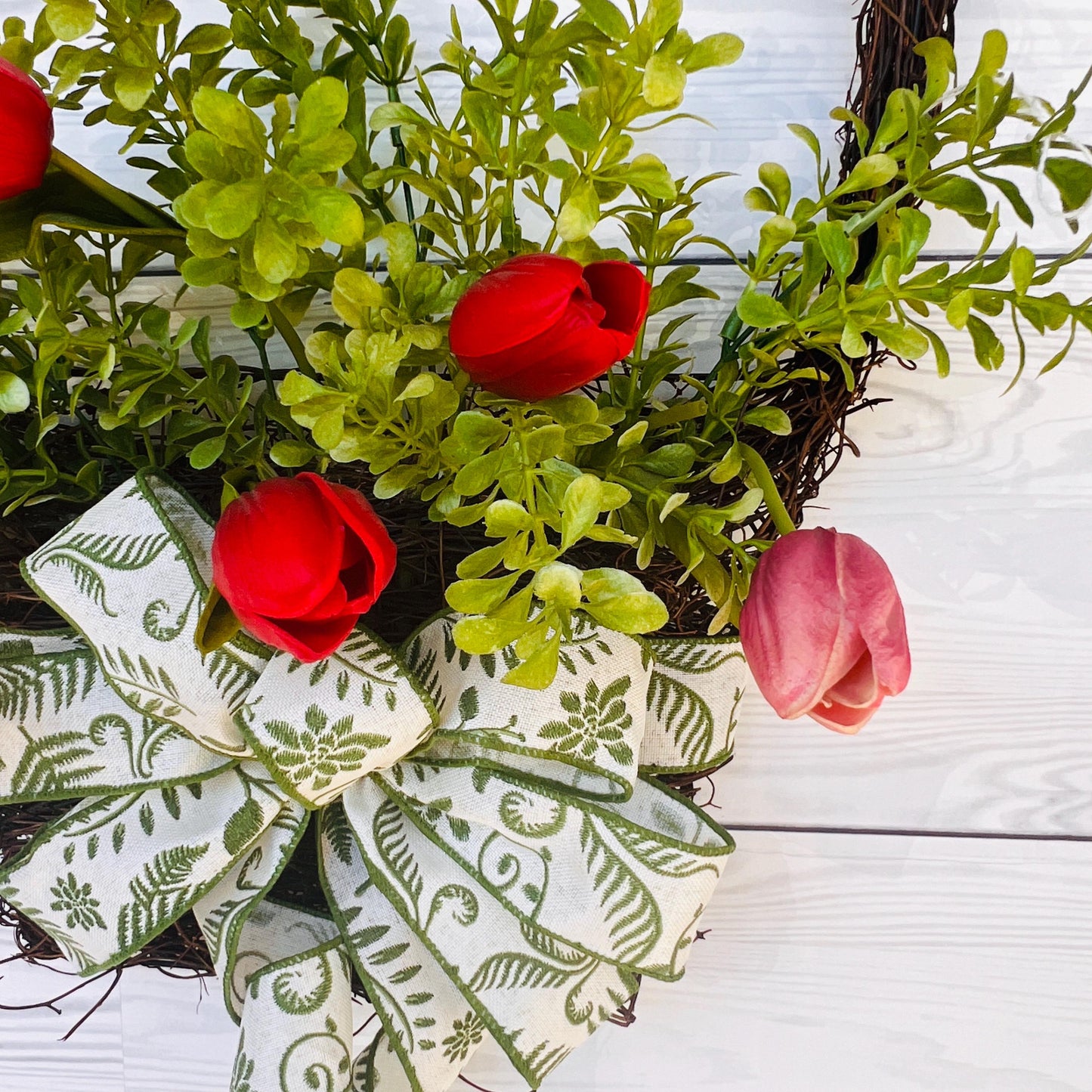 Real touch tulip Spring Wreath,  door hanger, grapevine basket, home decor, door decor, Everyday greenery wreath, Gift for mom, May Day,