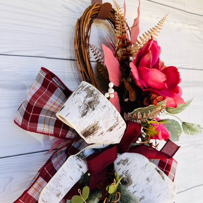 Pink Magnolia Front Door Swag – Burgundy Birch Farmhouse Glam Wreath 🌸