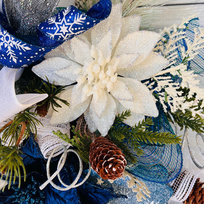 Blue bell winter front door wreath, Christmas ornament decoration, holiday porch swag, pinecone, poinsettia, ice skate, jingle sleigh bells