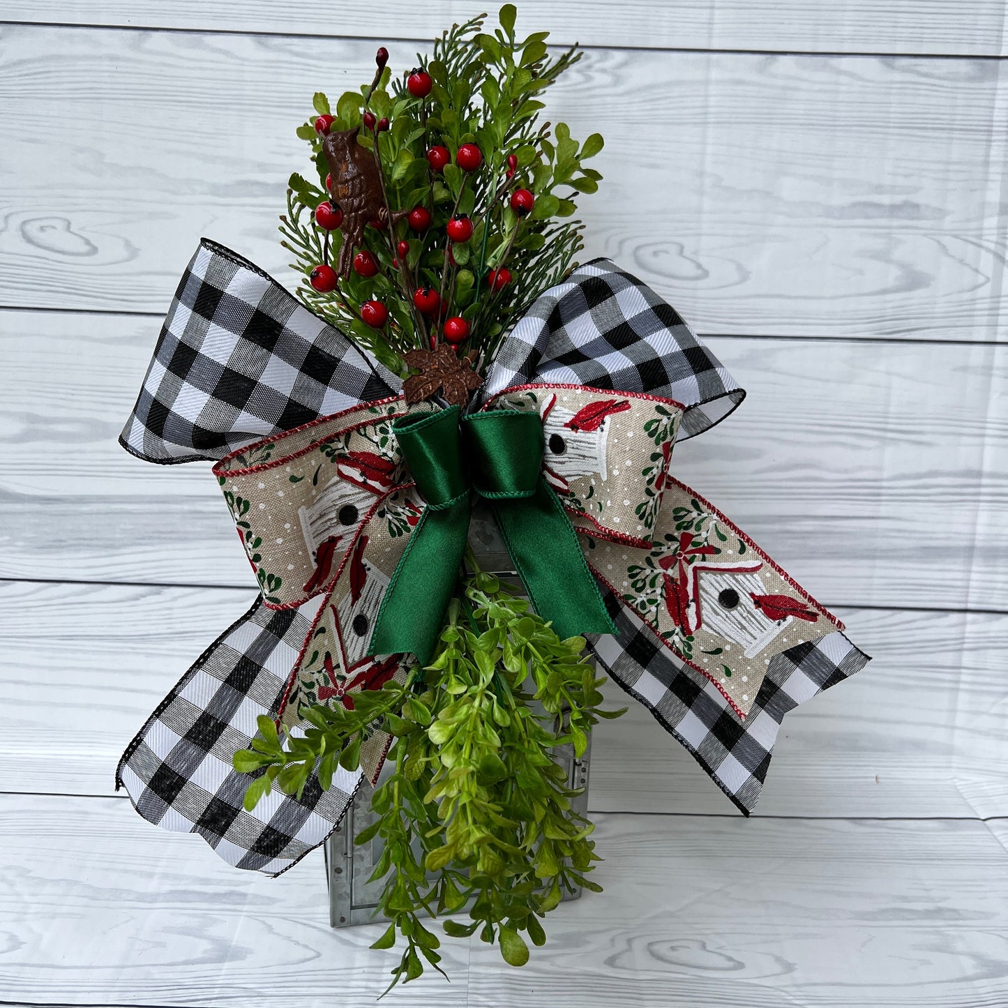 Christmas Bird House Decor, Cardinal Lantern Swag, Winter Wreath Attachment, Holiday Front Door Buffalo Plaid Decor, Christmas gift bow