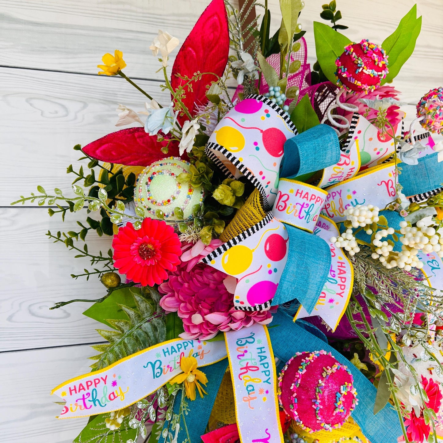 Happy Birthday front door wreath, celebration, Party Gift, Candy Cake Swag, Cupcake Decor, Porch,  Floral door hanger, Everyday wreath
