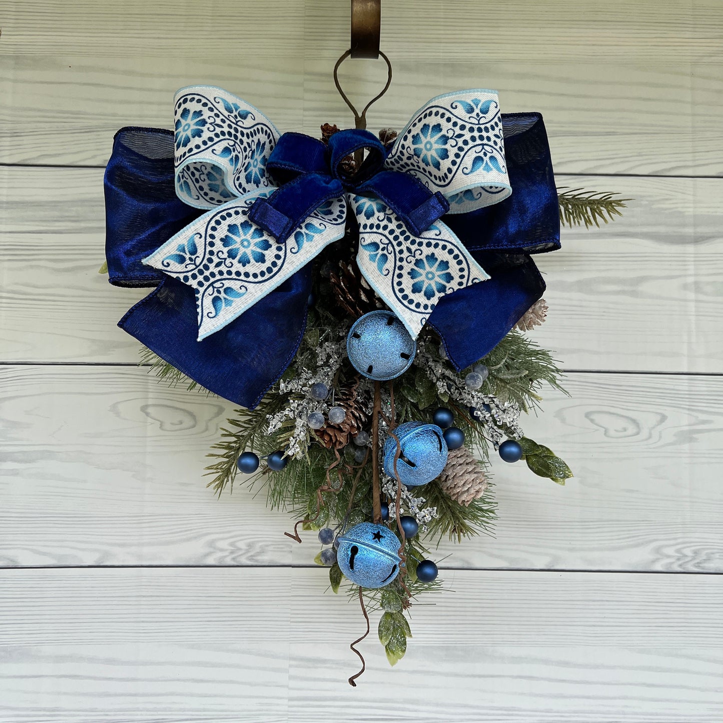Blue Sleigh Bells Winter Swag, Christmas classroom door decor, jingle bell wreath, Farmhouse Door decor, Front door Holiday Pine Teardrop