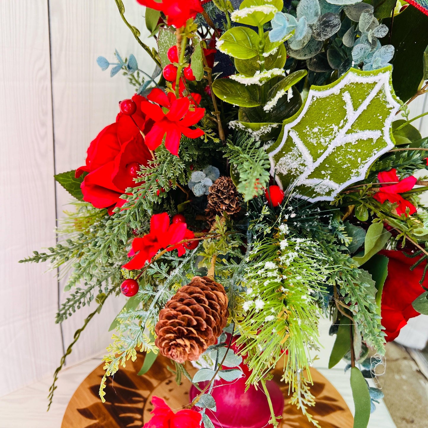 Traditional Santa Christmas Centerpiece on Wooden Candlestick with Frosted Pine, Berries, Red Roses, Navy Winter Bow, Holiday Table Decor