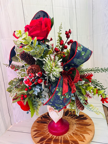 Traditional Santa Christmas Centerpiece on Wooden Candlestick with Frosted Pine, Berries, Red Roses, Navy Winter Bow, Holiday Table Decor