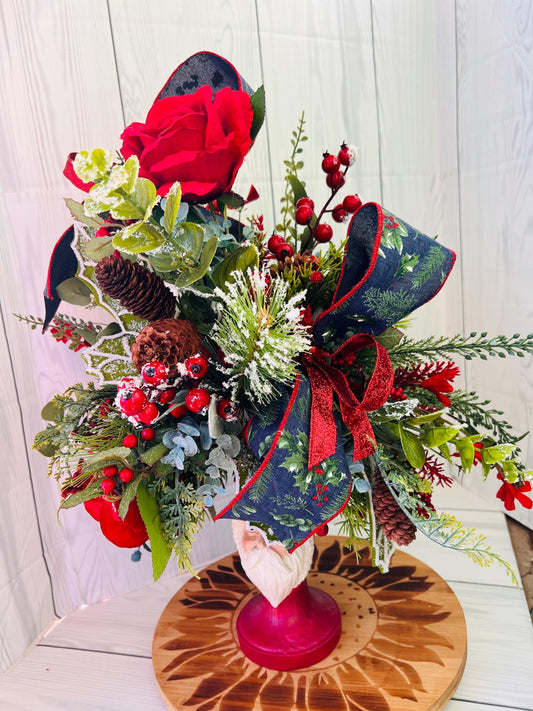 Traditional Santa Christmas Centerpiece on Wooden Candlestick with Frosted Pine, Berries, Red Roses, Navy Winter Bow, Holiday Table Decor