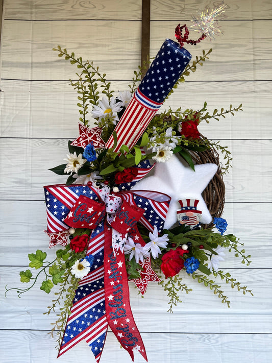 Fireworks grapevine door hanger, 4th of July, Patrotic Decor,  Independence Day Wreath, Red White and Blue, Uncle Sam gnome, Stars & Stripes